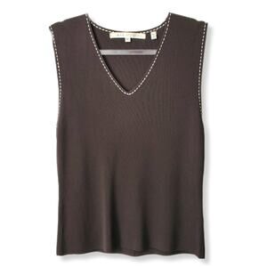 90s Y2K Women Brown Saddle Stitch Knit Top Vest L Twee Preppy Tailored Fall